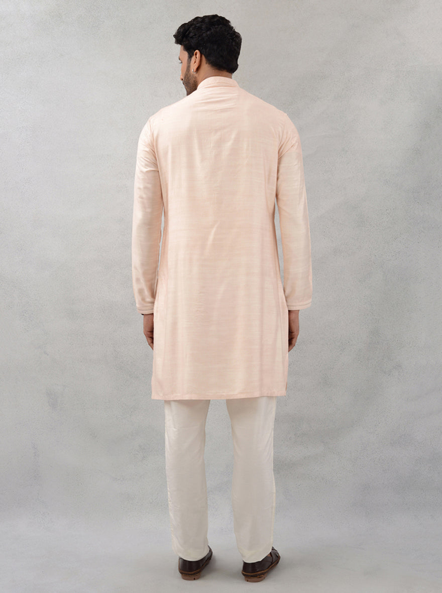 Stylish peach silk kurta, embroidered, mandarin collar, wedding wear