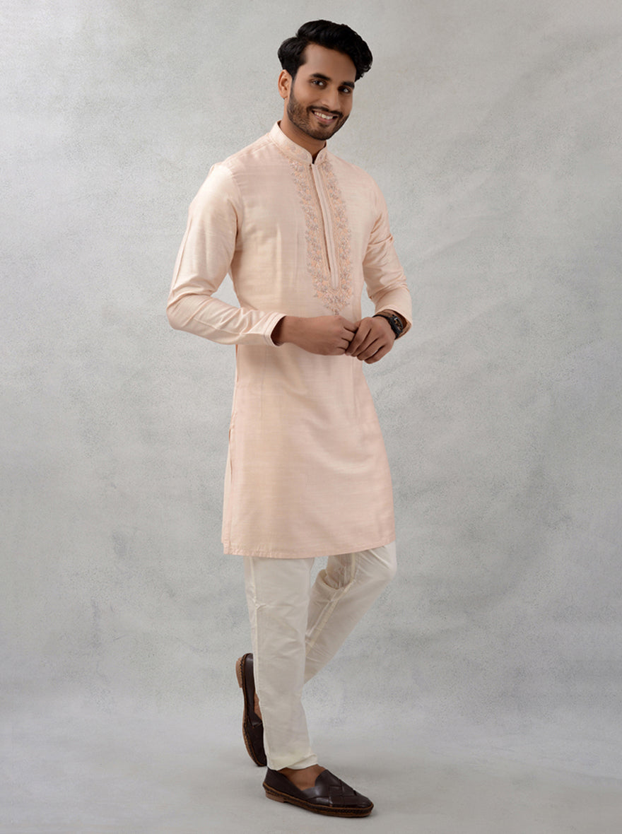 Peach kurta pajama, intricate embroidery, perfect for special events