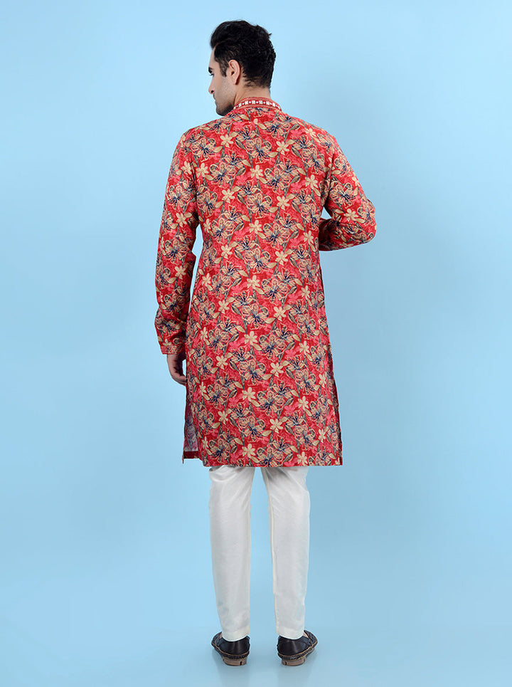 Stylish red printed kurta pajama for men, featuring intricate mirror work for weddings and festivals.