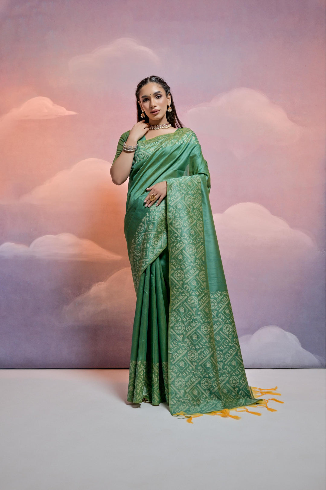 Timeless Banglori raw silk saree with unique Warli pallu and tassels