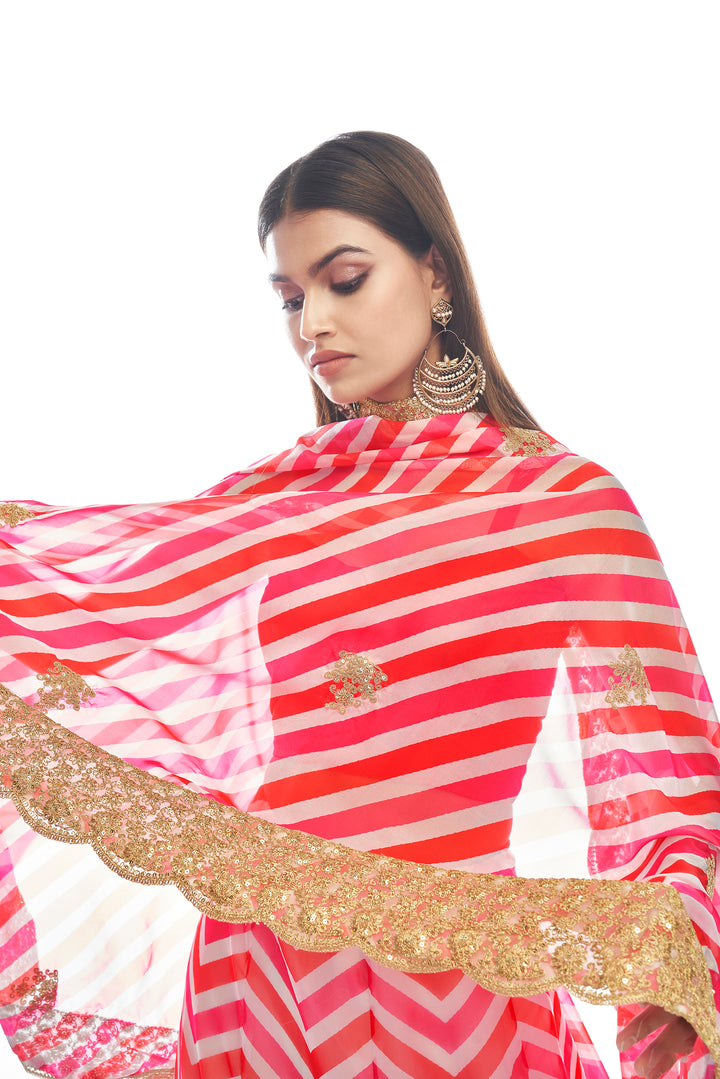 Pink Organza Lehenga with Digital Print & Dori Embroidery | Party Wear