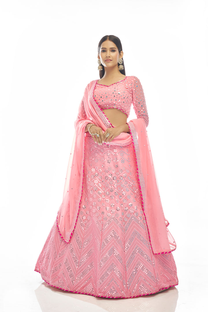 Elegant Pink Lehenga for Wedding | Bridal Lehenga Choli with Mirror Work