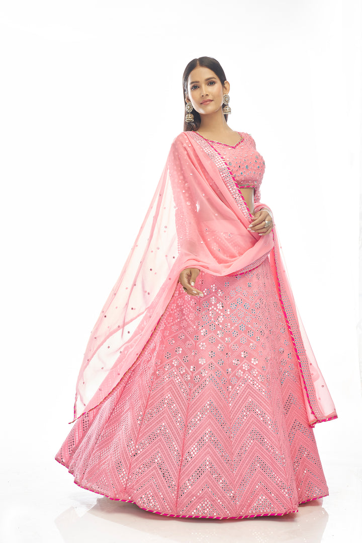 Elegant Pink Lehenga for Wedding | Bridal Lehenga Choli with Mirror Work