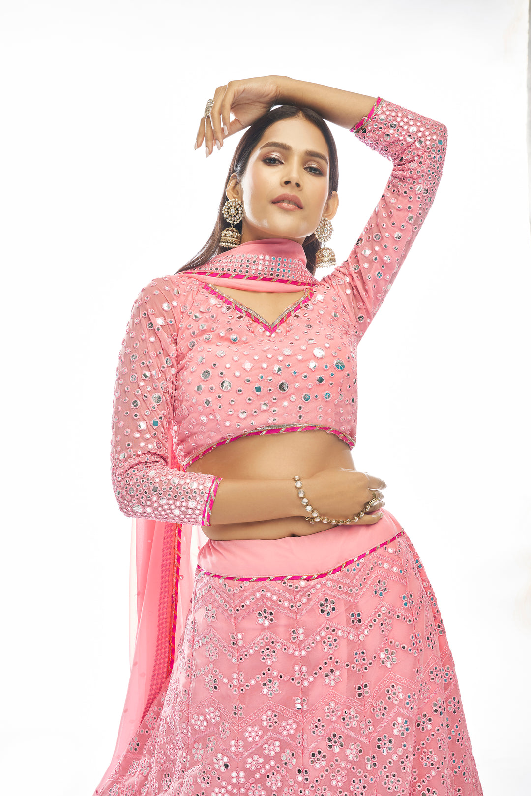 Elegant Pink Lehenga for Wedding | Bridal Lehenga Choli with Mirror Work