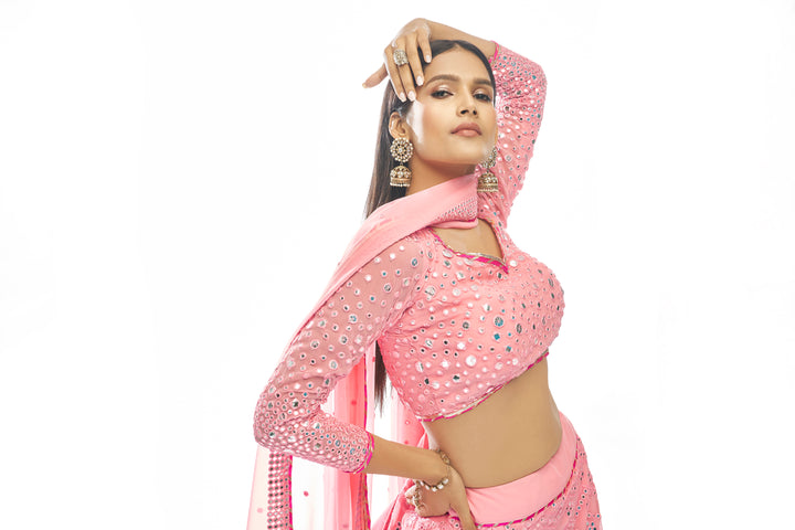 Elegant Pink Lehenga for Wedding | Bridal Lehenga Choli with Mirror Work