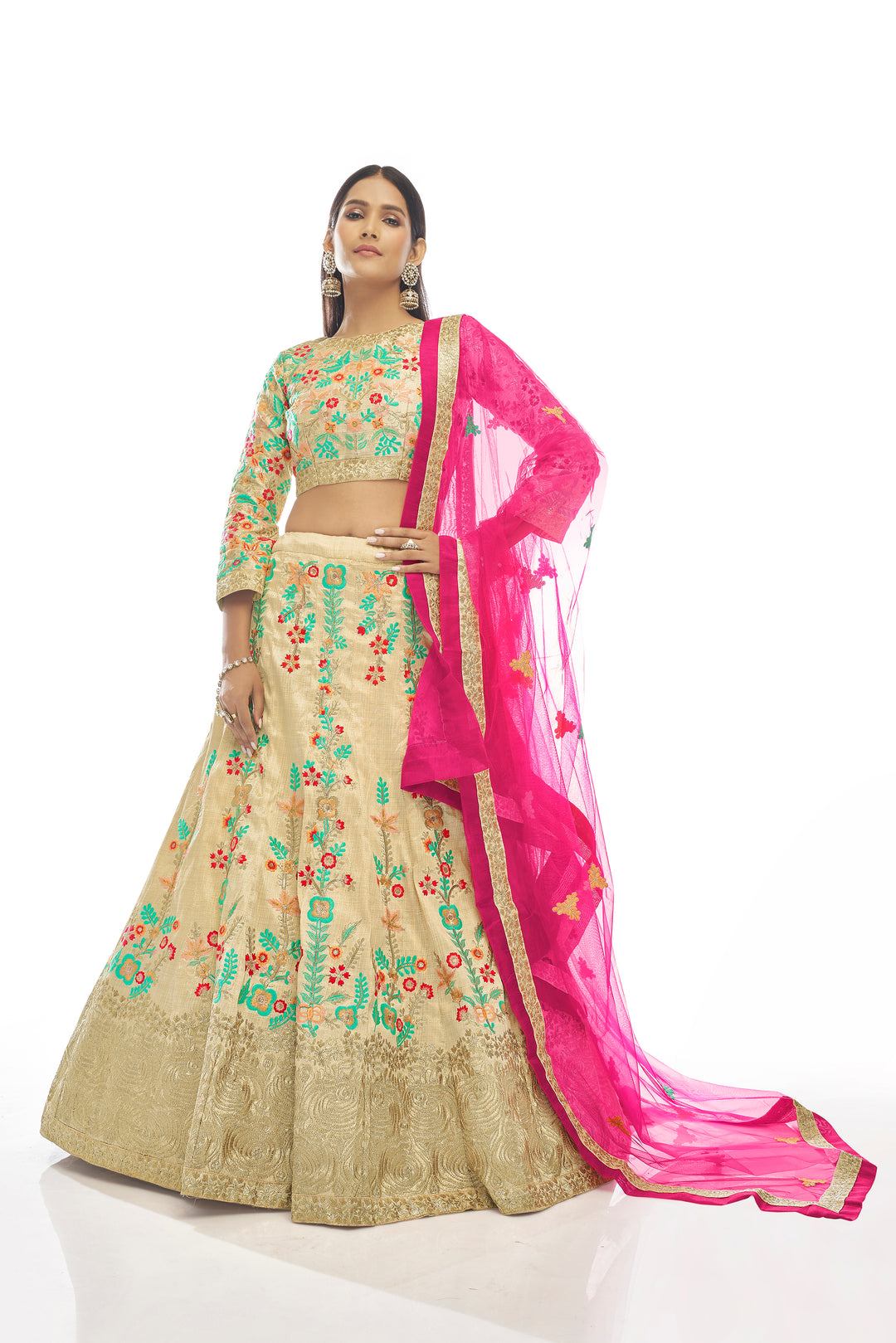 Cream Lehenga Choli | Zari & Sequins Embroidered Designer Lehenga