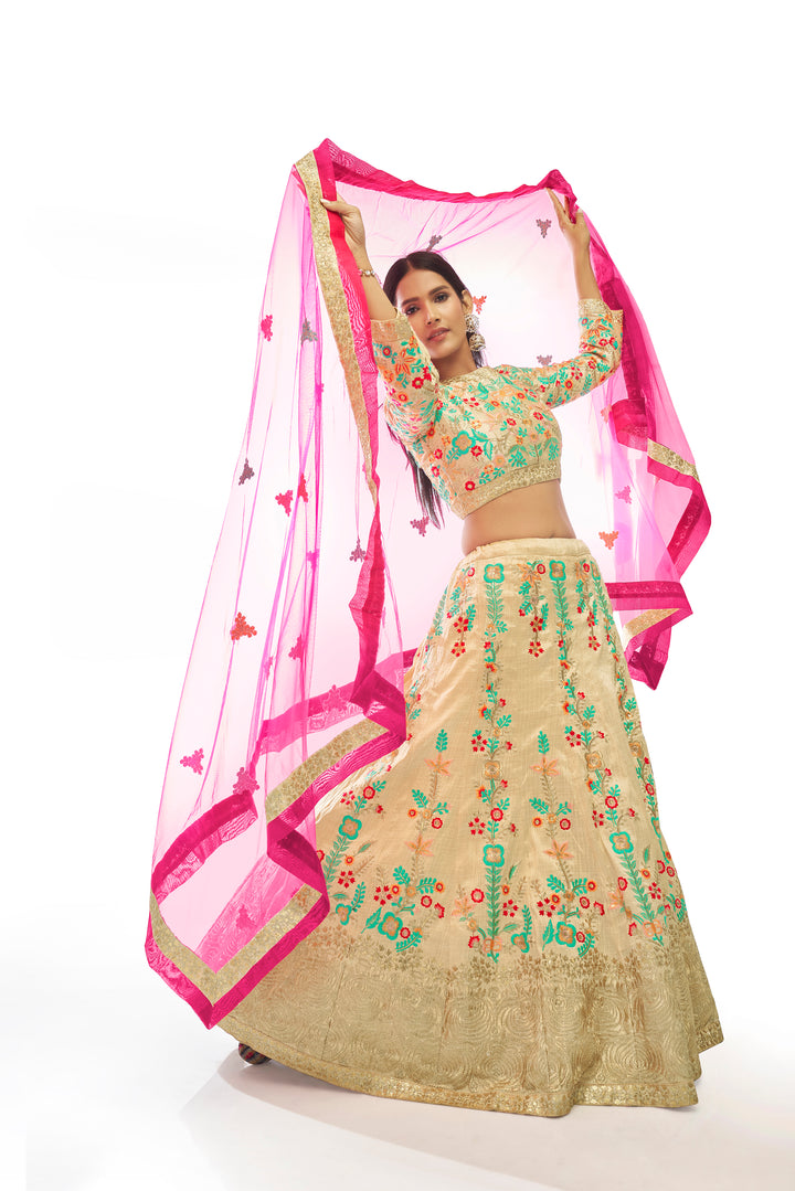 Cream Lehenga Choli | Zari & Sequins Embroidered Designer Lehenga