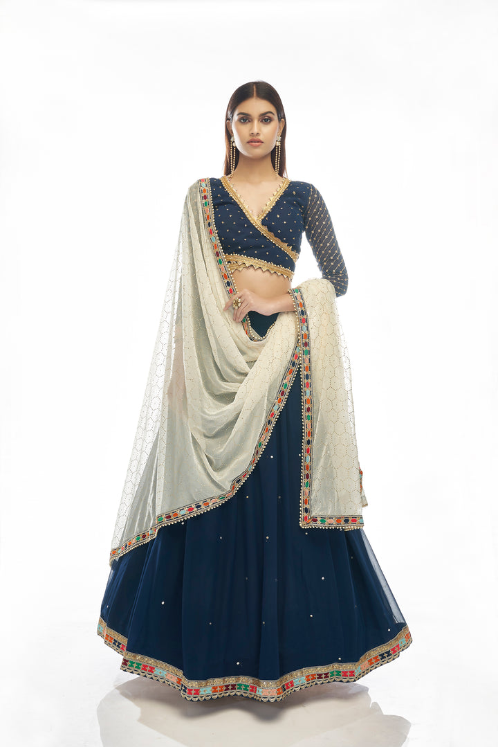 Navy Blue Lehenga Choli | Mukaish & Zari Embroidered Designer Lehenga