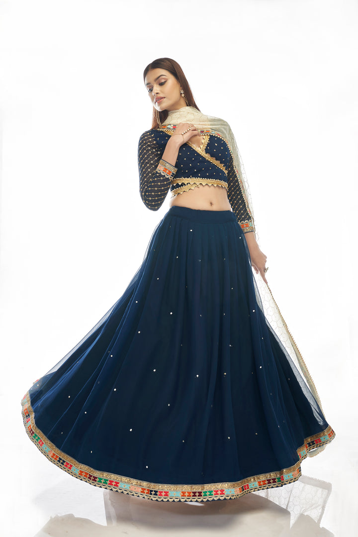 Navy Blue Lehenga Choli | Mukaish & Zari Embroidered Designer Lehenga