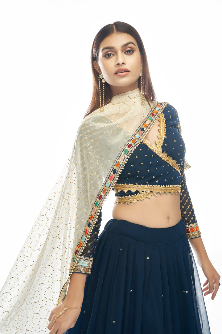 Navy Blue Lehenga Choli | Mukaish & Zari Embroidered Designer Lehenga