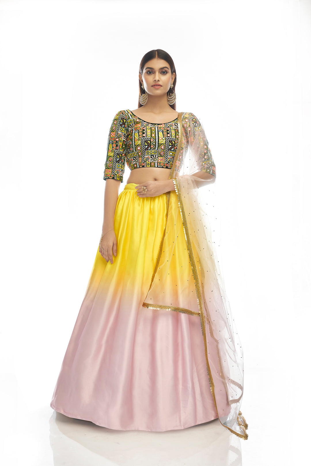 Designer Ombre Lehenga | Pink & Yellow Satin Georgette Lehenga Choli