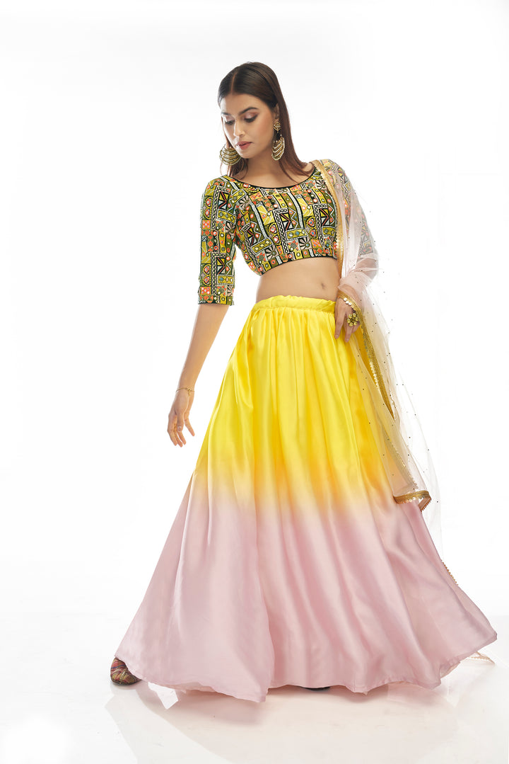 Designer Ombre Lehenga | Pink & Yellow Satin Georgette Lehenga Choli