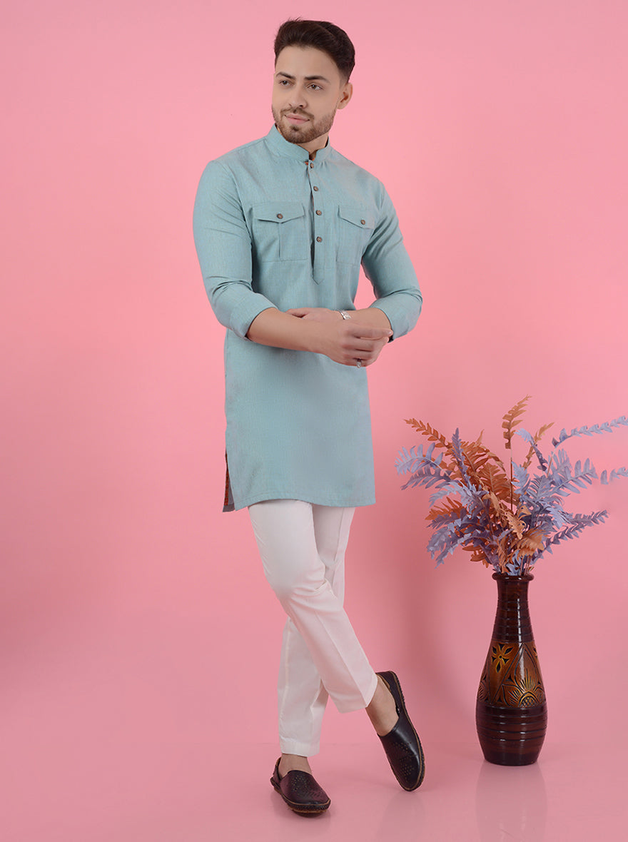 Elevate your style with this sea green silk blend kurta pajama, perfect for casual outings in the USA.