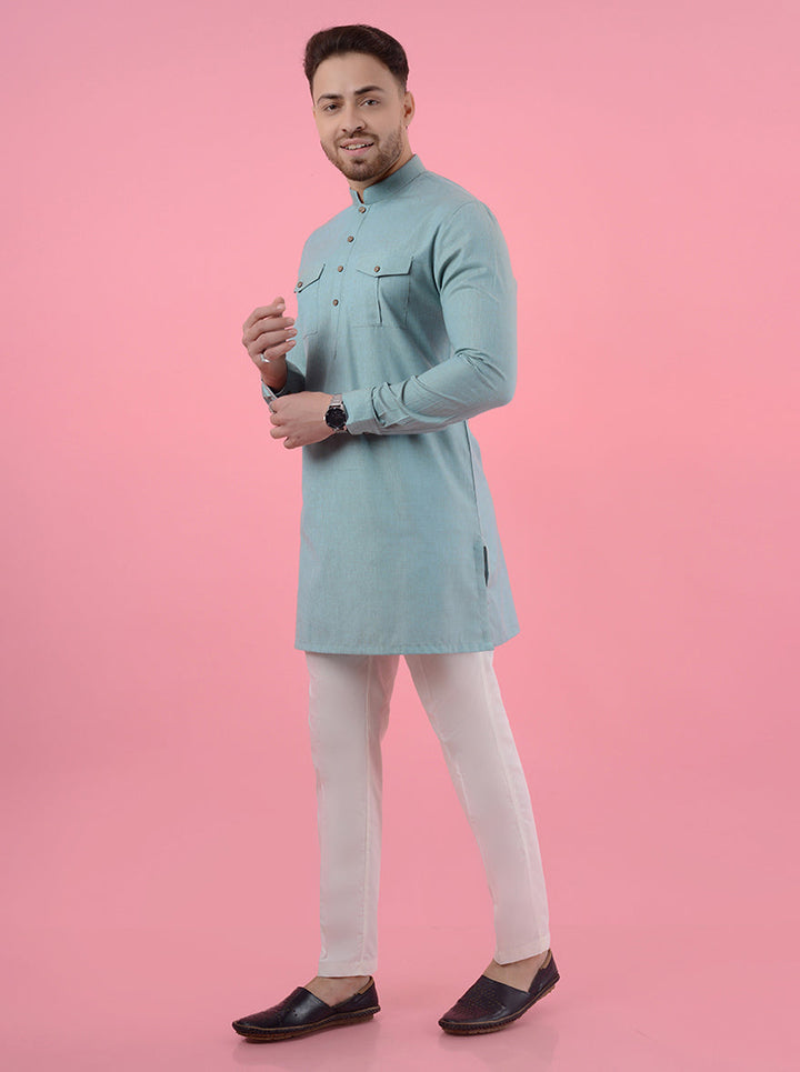 Experience the allure of this sea green silk blend kurta pajama, ideal for stylish gatherings in the USA.