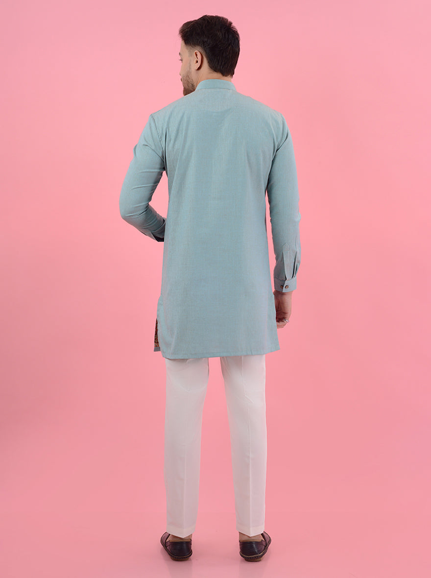 Enjoy the luxury of this sea green silk blend kurta pajama, crafted for modern men in the USA.