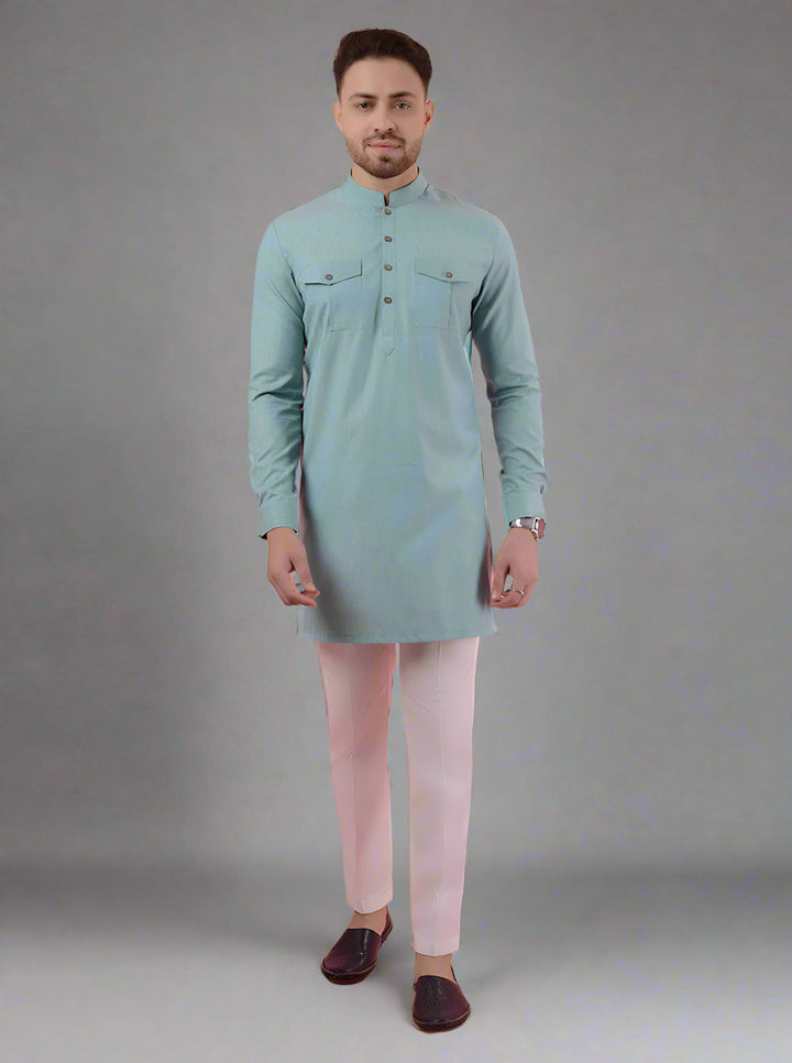 Sea green mandarin collar kurta pajama for men, perfect for weddings and special celebrations.