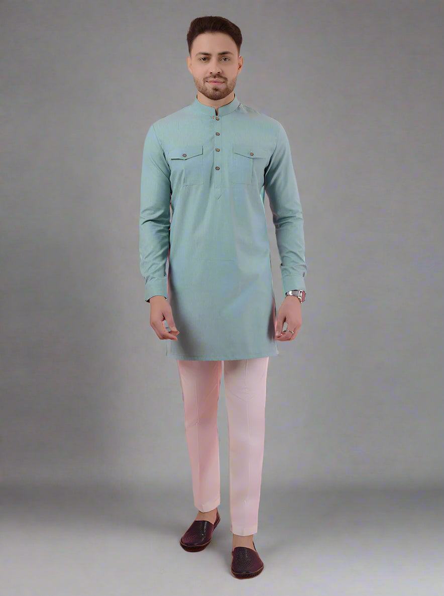 Sea green mandarin collar kurta pajama for men, perfect for weddings and special celebrations.