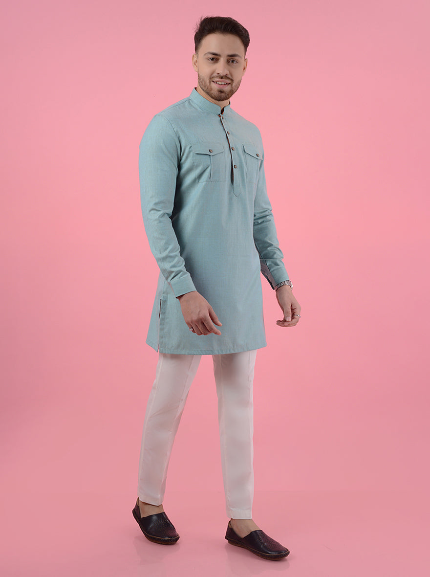 Celebrate in style with this sea green silk blend kurta pajama, designed for charm and comfort in the USA.