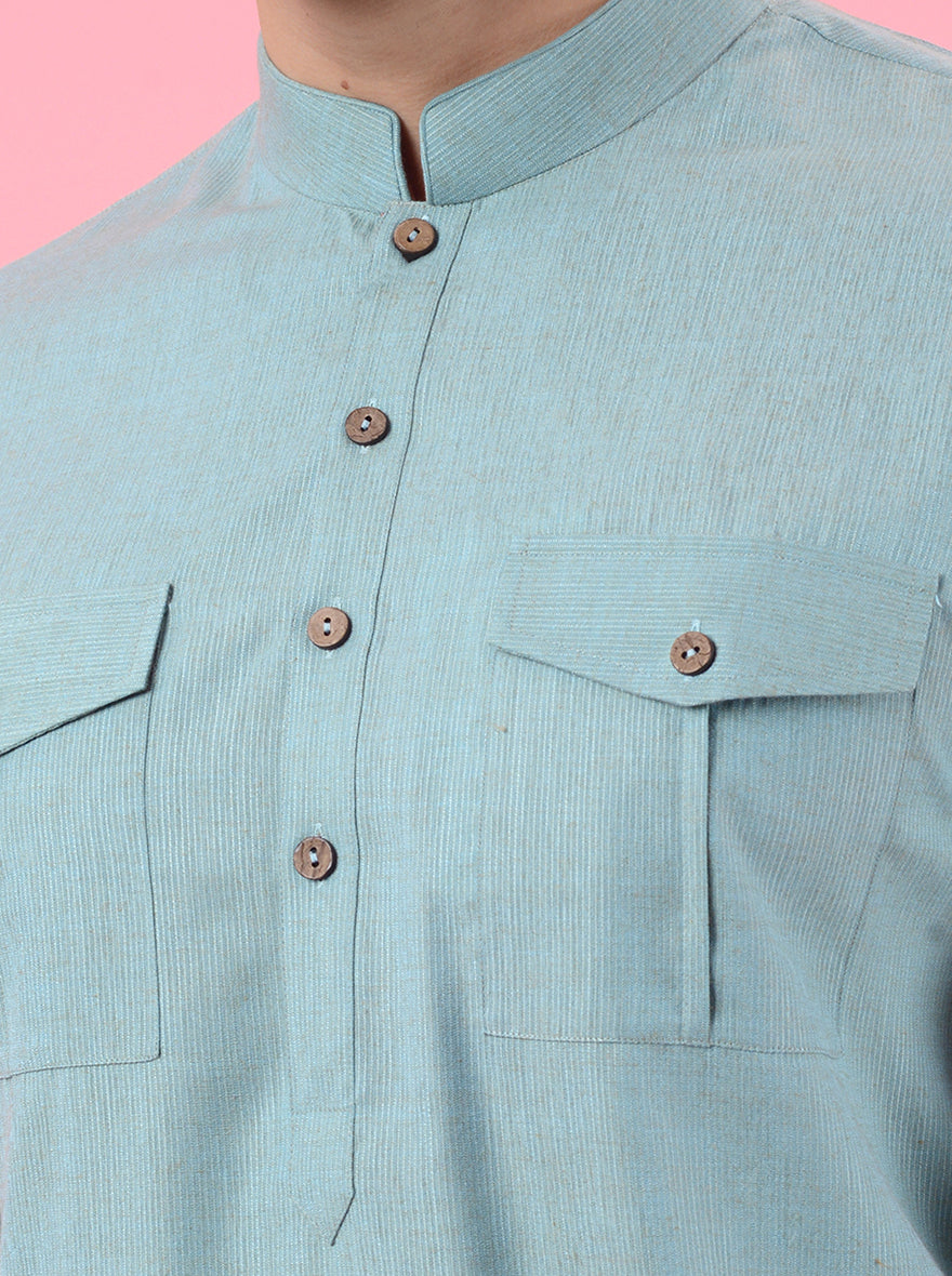 Traditional sea green kurta pajama for men, featuring a mandarin collar, perfect for ethnic events.