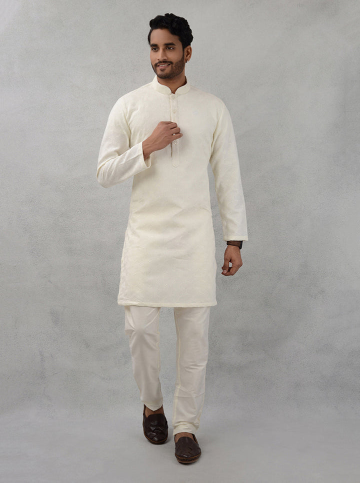 Men’s off white cotton kurta pajama, traditional casual USA wear