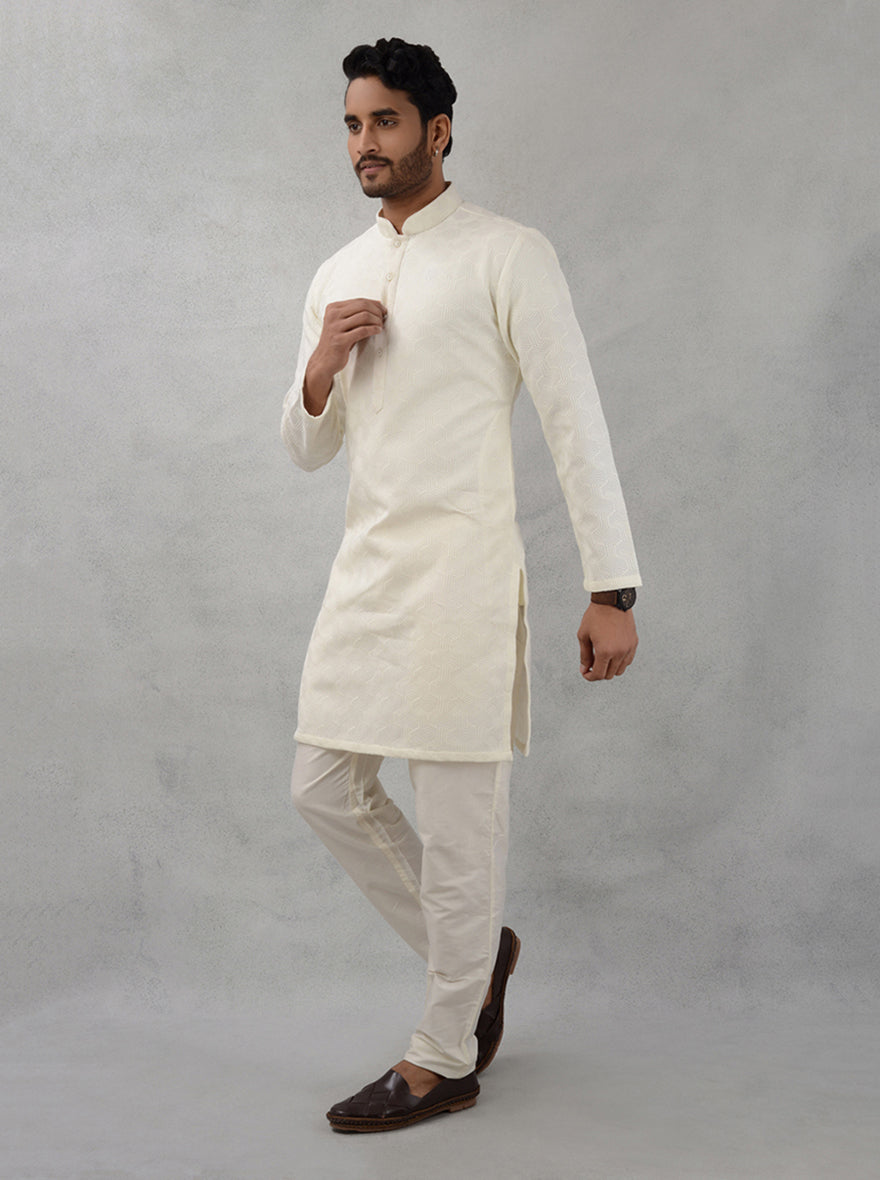 Stylish off white kurta pajama, self-textured, USA occasions