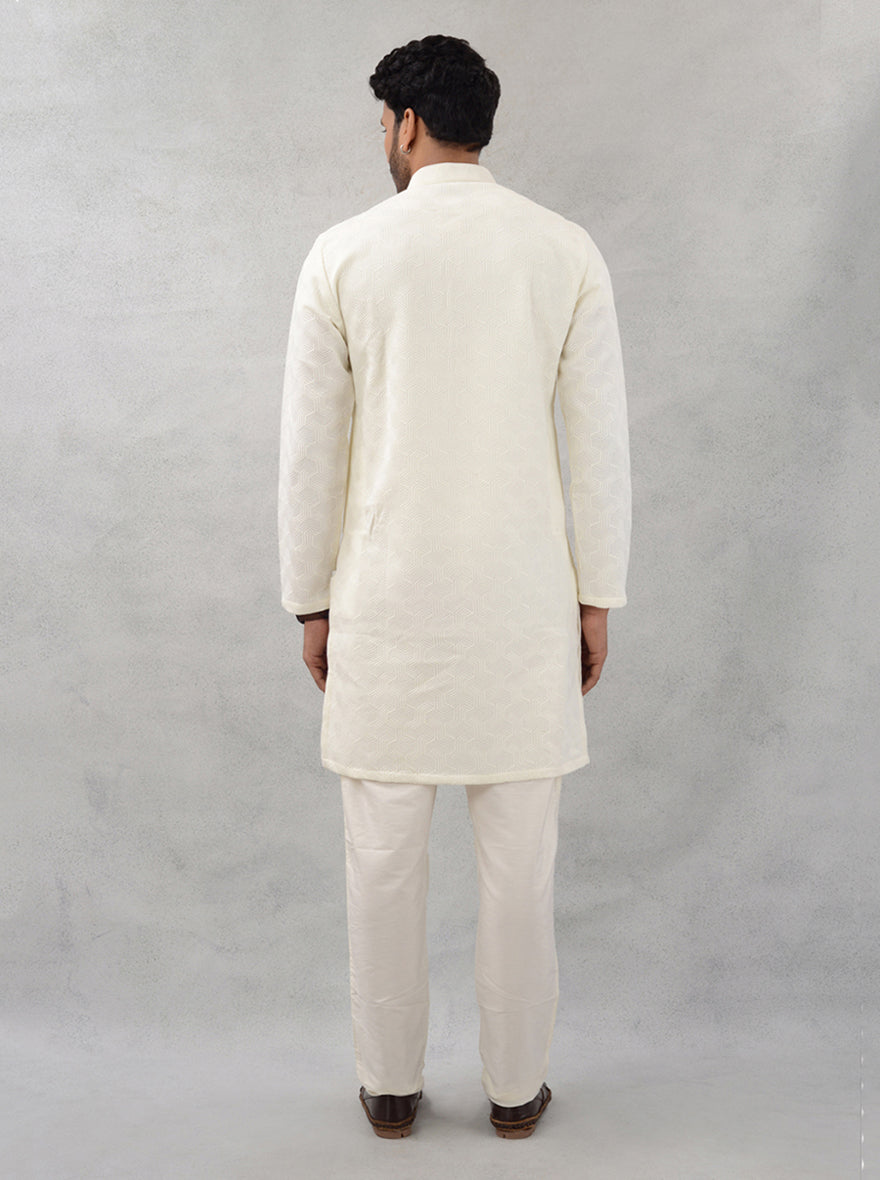 Self-textured off white cotton kurta, mandarin collar, USA wear