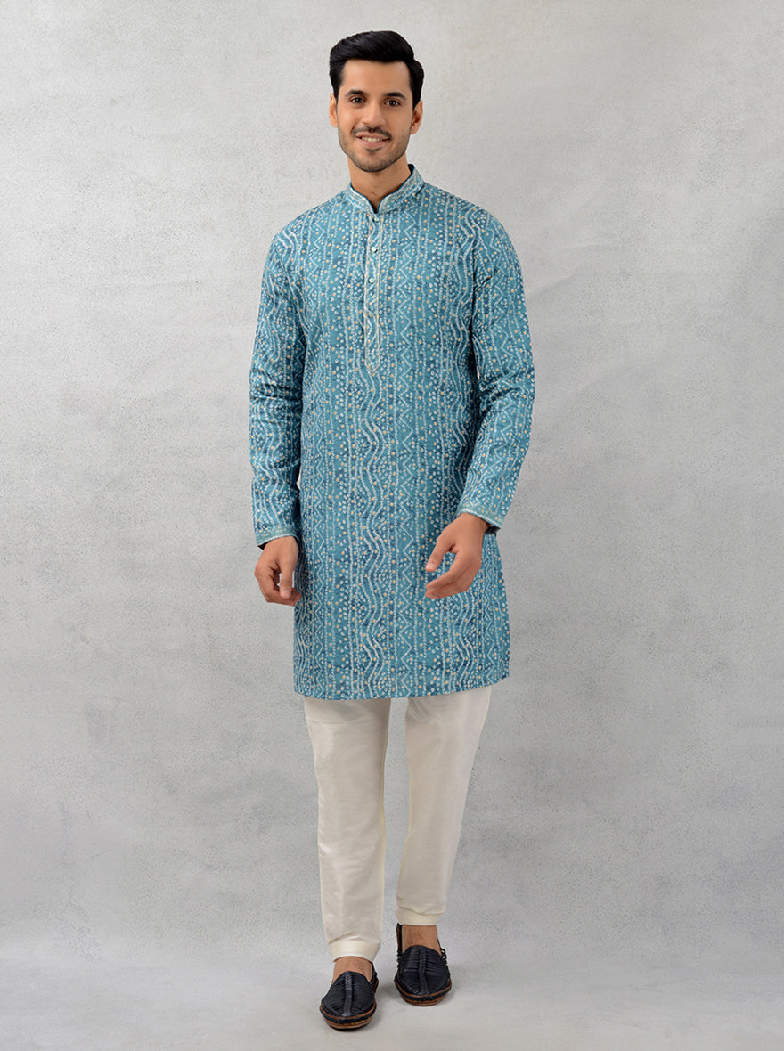 Aqua blue silk blend kurta pajama, printed USA festive wear