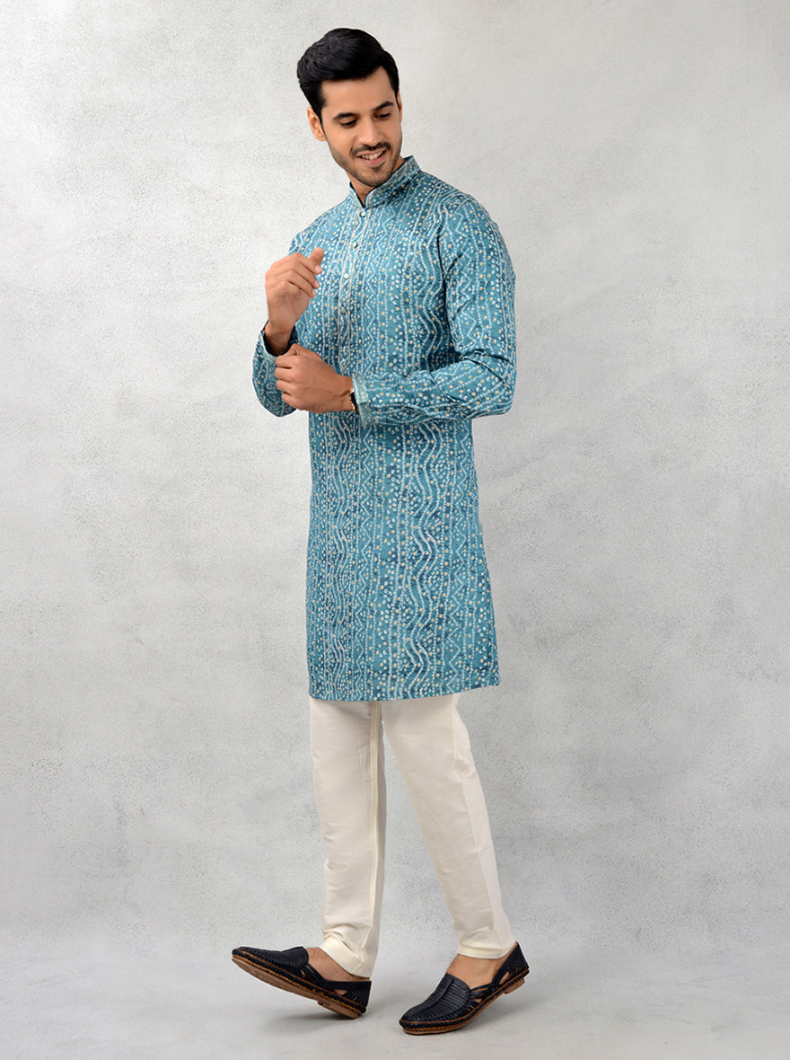 Men’s aqua blue kurta pajama, silk, stylish USA celebration attire