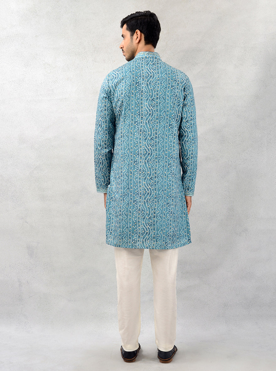 Festive aqua blue kurta pajama, printed silk blend, USA wear