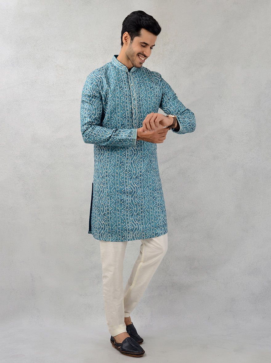 Celebrate in style with this chic aqua blue kurta set for cultural celebrations.