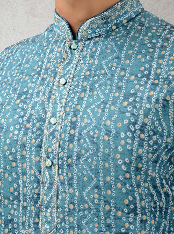 Exquisite aqua blue printed kurta pajama crafted for special events in the USA.