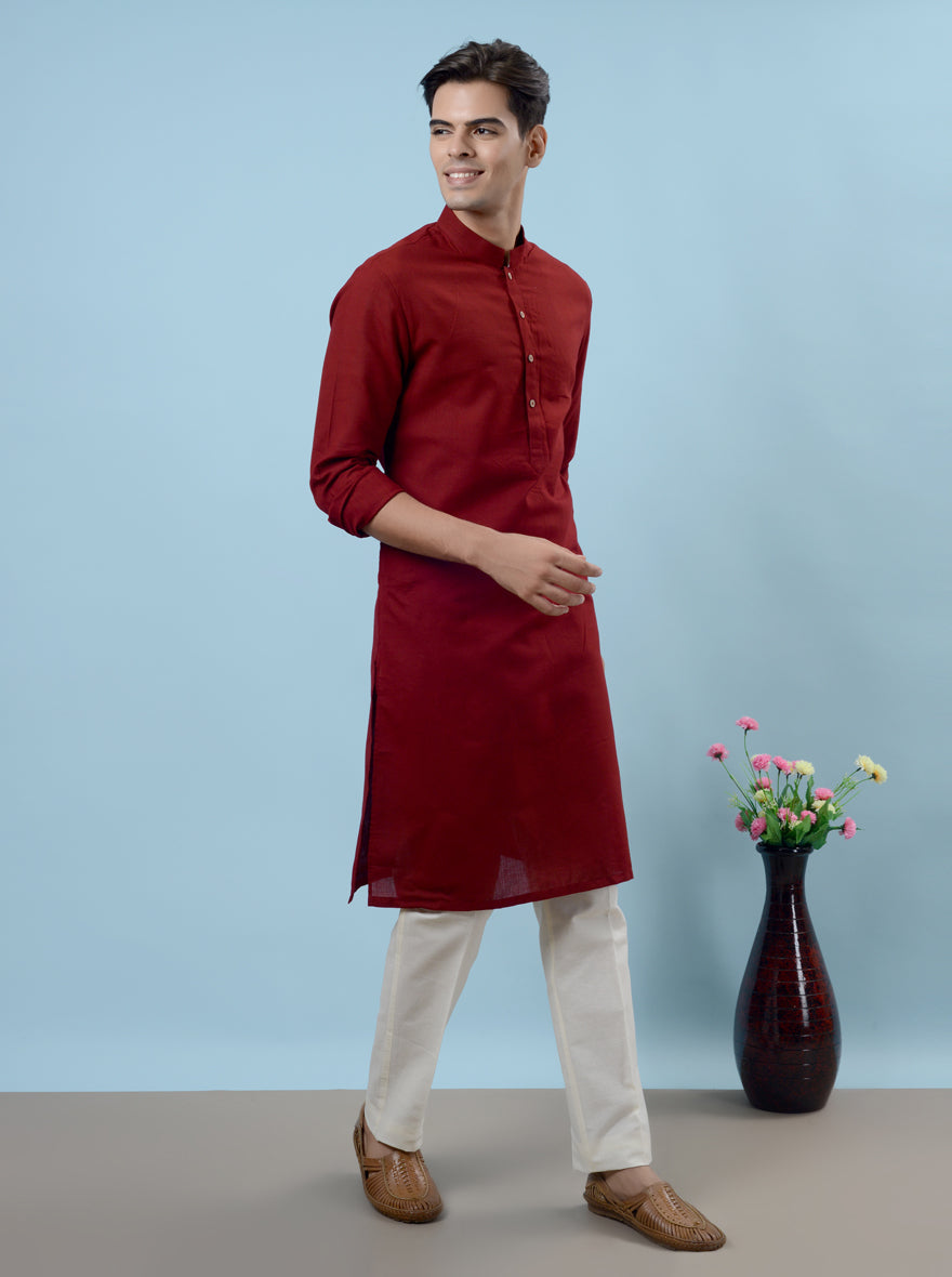 Stylish red kurta pajama crafted from poly khadi, blending comfort and fashion for modern men in the USA.