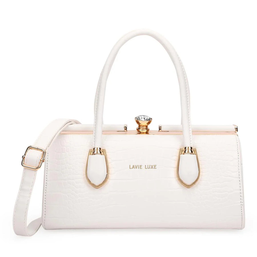 The Lavie Luxe Dazzle Frame Satchel Bag enhances your evening look with its elegant design and glossy croc texture.