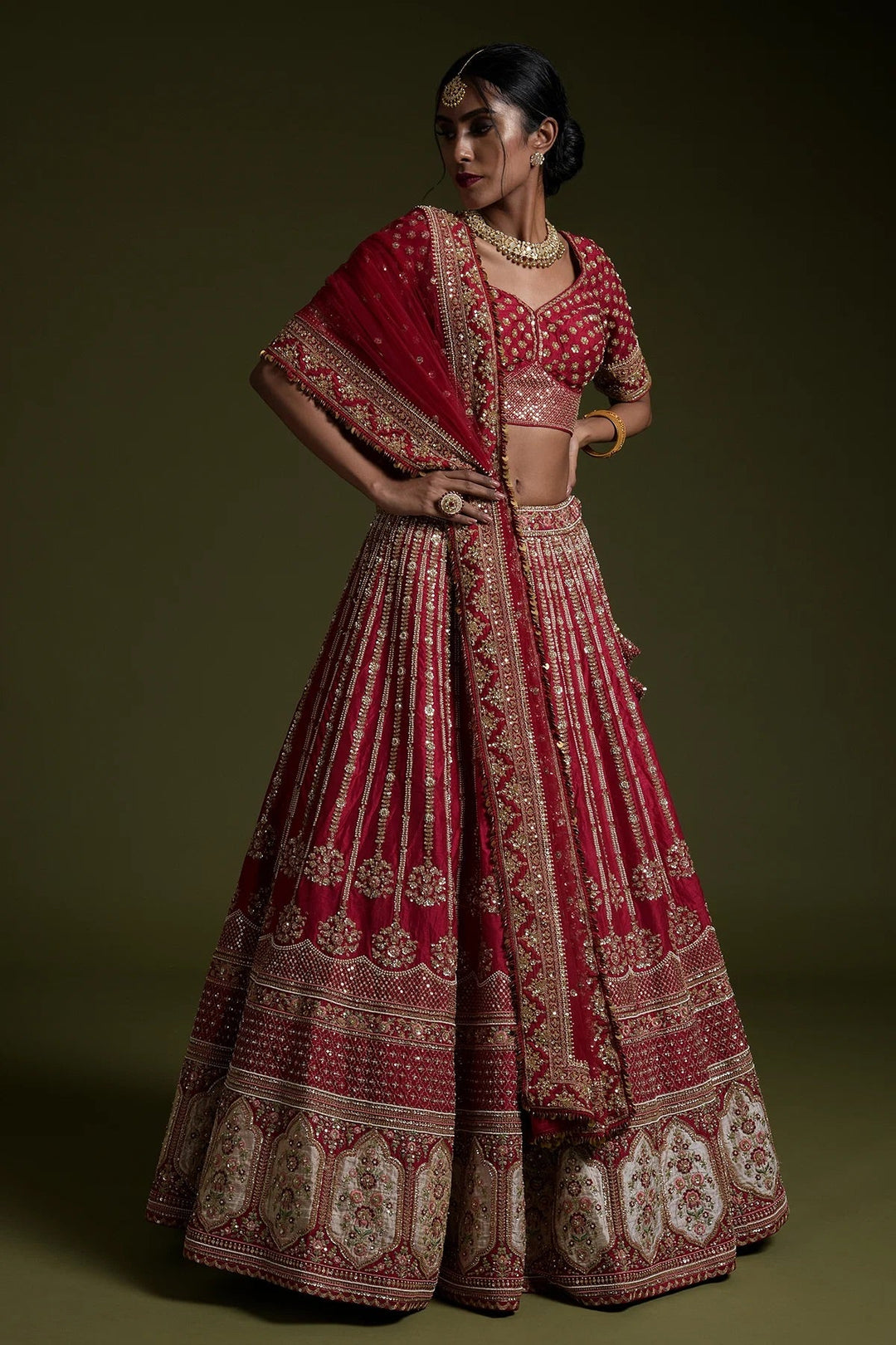 GlamorousÃ‚Â Red Sequins Silk Wedding Lehenga Choli With Dupatta