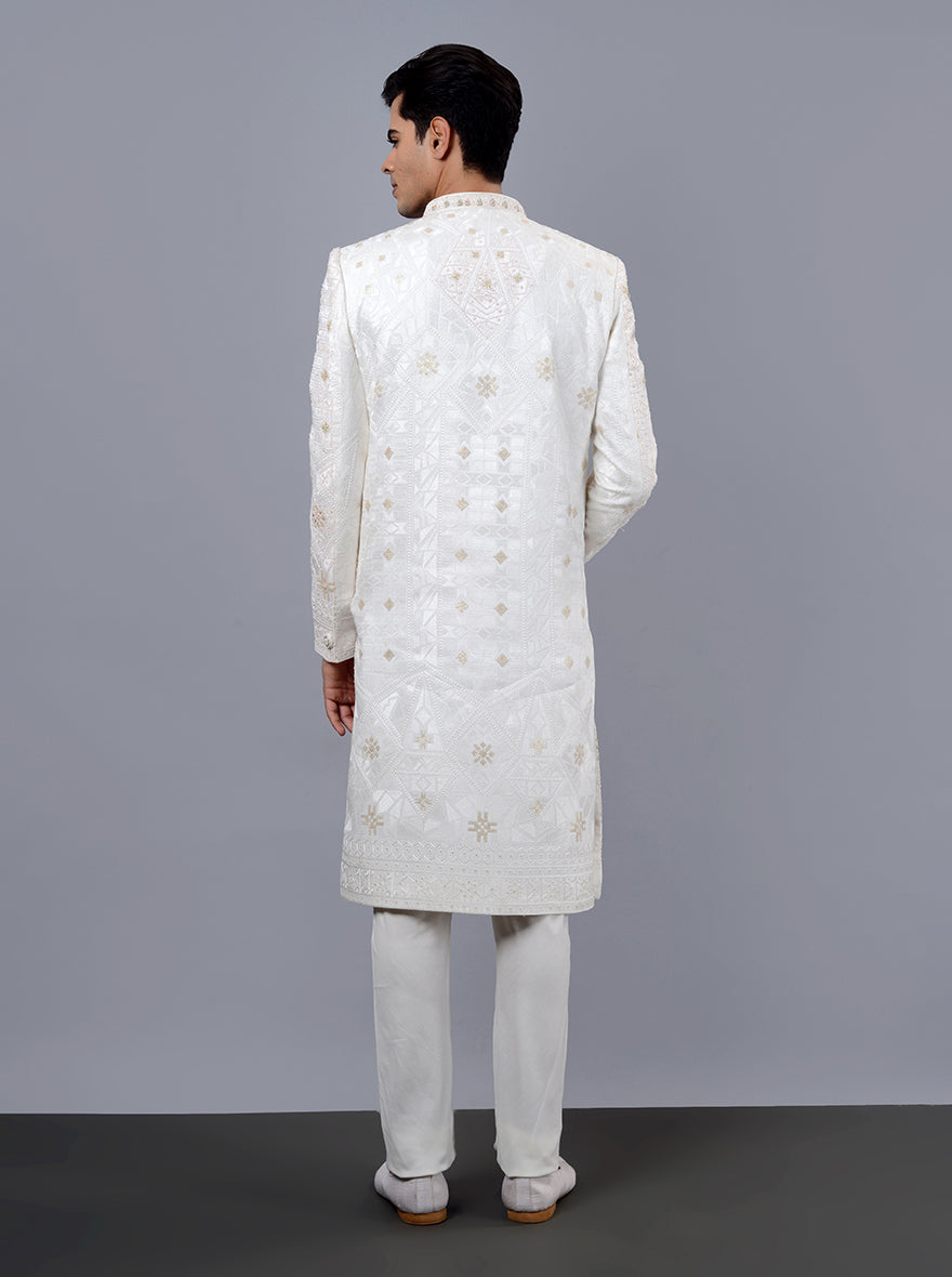 Stylish off-white sherwani for grooms, ideal for weddings and formal events in the USA.