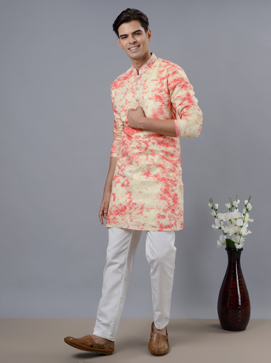 Stylish pink kurta pajama featuring beautiful embroidery, perfect for festive celebrations in the USA.