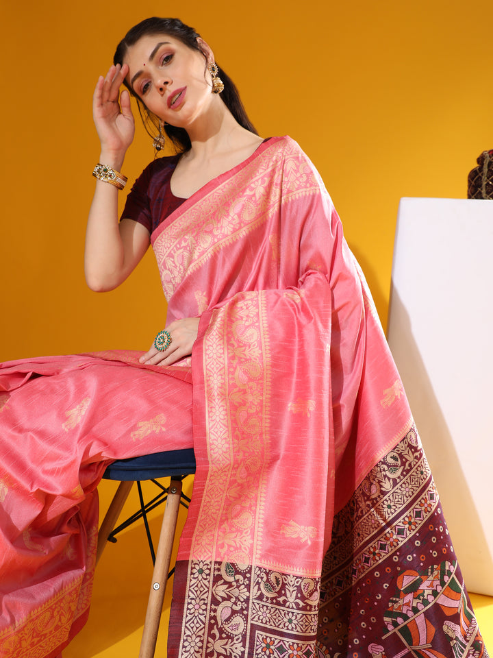 Perfect for special events, this soft raw silk saree showcases two-tone antique weaving