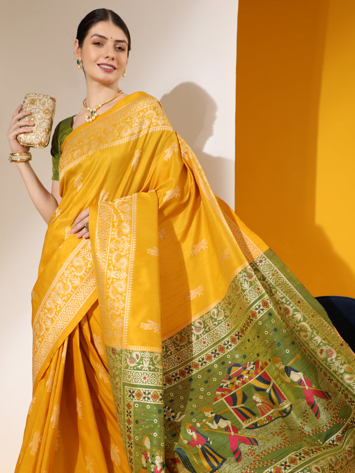 Soft raw silk saree with antique weaving and contrast woven pallu, perfect for cultural celebrations