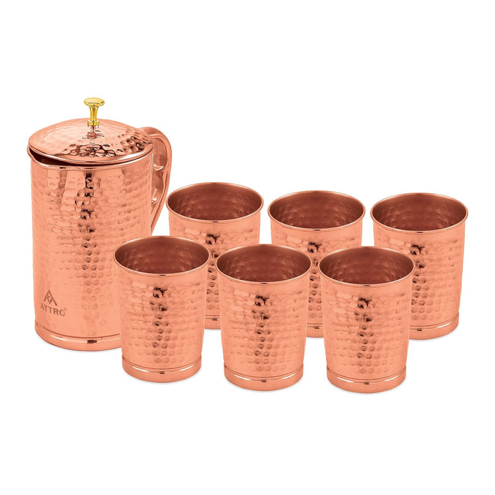 Attro Pure Copper Kumbh Jug 1.25L with Glass Set | Carving Finish