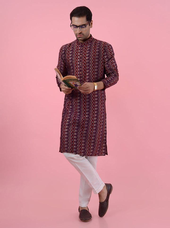 Stylish maroon silk blend kurta pajama for men, designed for festive and traditional events.