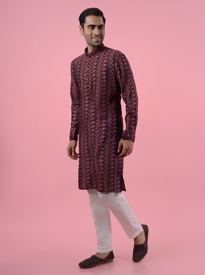 Men's maroon silk blend kurta pajama set, ideal for weddings, pooja, and cultural celebrations.