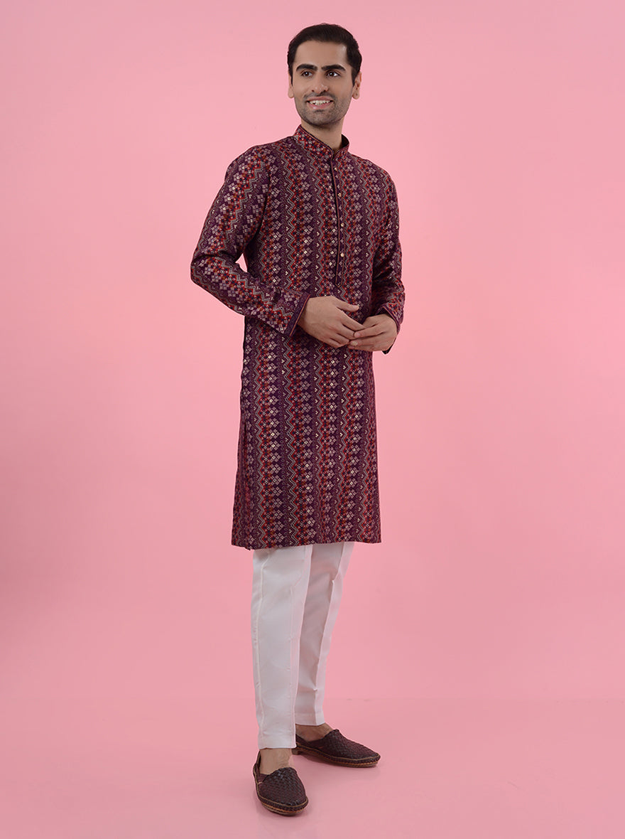 Men's maroon silk blend kurta pajama with regular fit, ideal for ethnic wear.