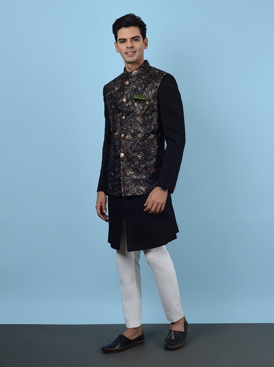 Impress your guests at the sangeet with this Indowestern, featuring a luxurious silk blend and intricate embroidery, designed for stylish men in the USA.