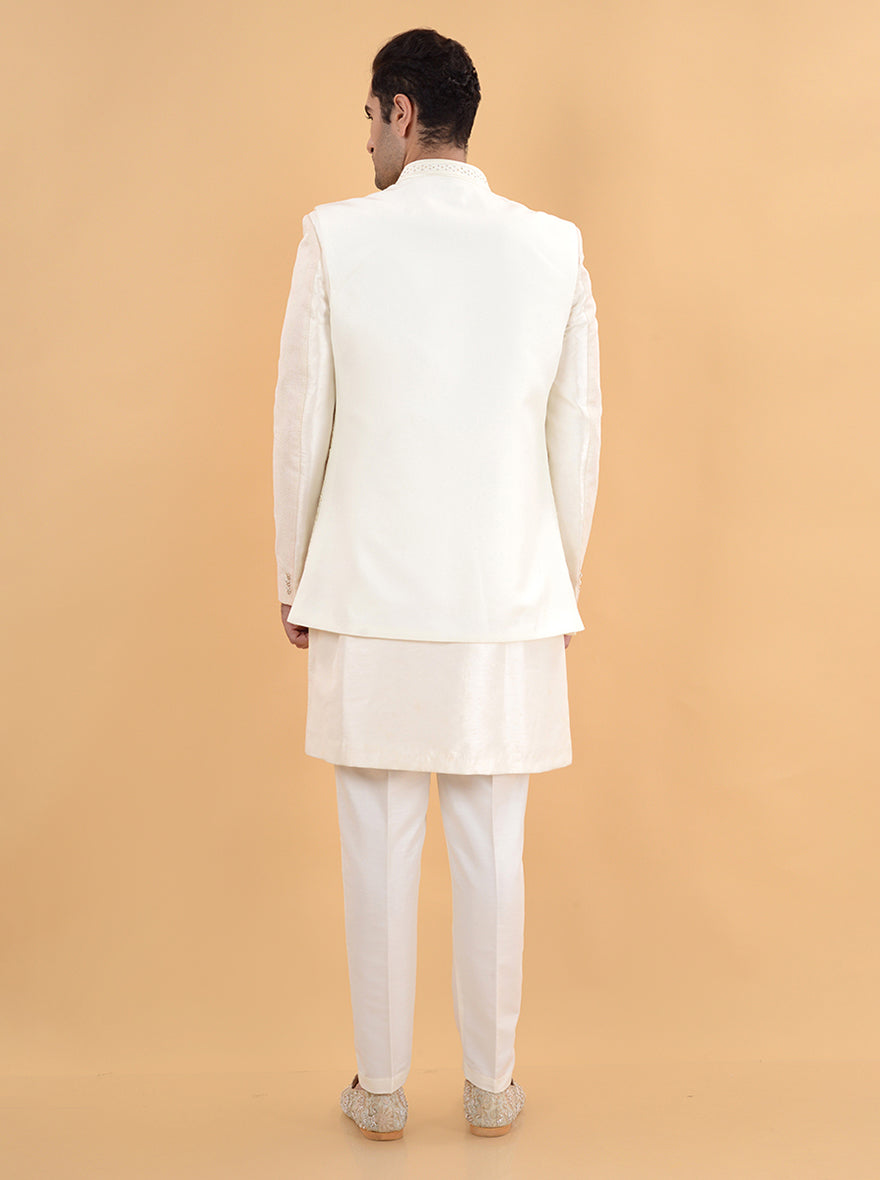 Capture attention at your engagement in the USA with our elegant cream Indo Western attire.