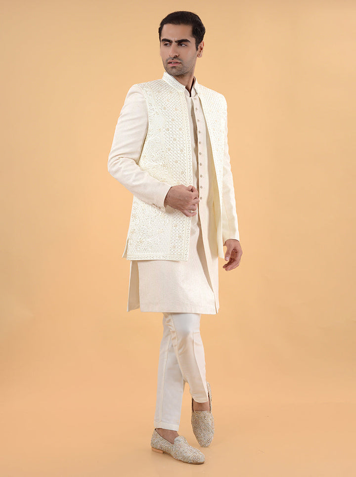 Elevate your look with this luxurious cream Indo Western outfit, perfect for celebrating love.