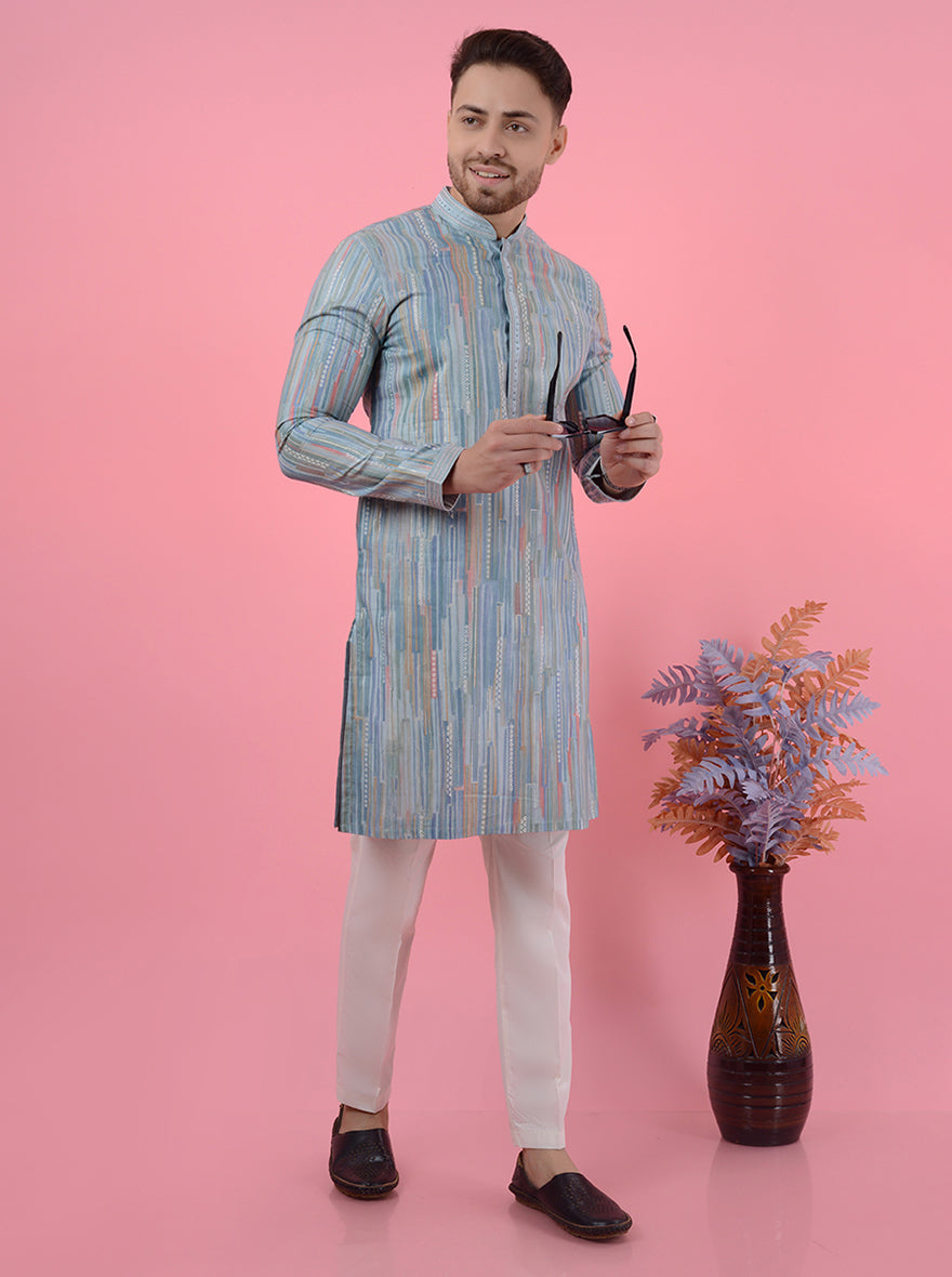 Men's sky blue multi-printed kurta pajama set, designed for cultural celebrations and special events.