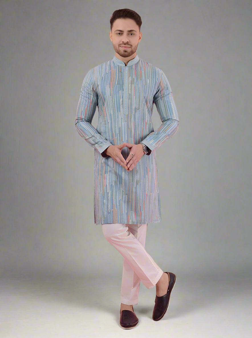 Men's sky blue kurta pajama set, multi-printed for a vibrant traditional look at events.