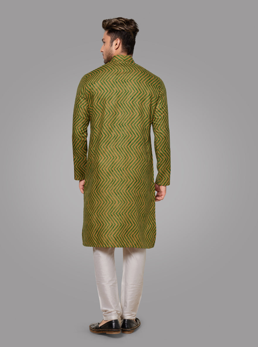 Olive Green Ethnic Kurta Pajama Set for men, designed with a stylish print for festive wear.