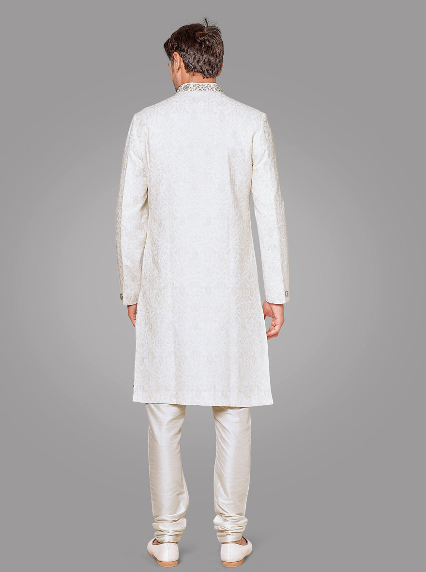 Perfect for grooms, this silk blend sherwani offers a timeless look for traditional celebrations.