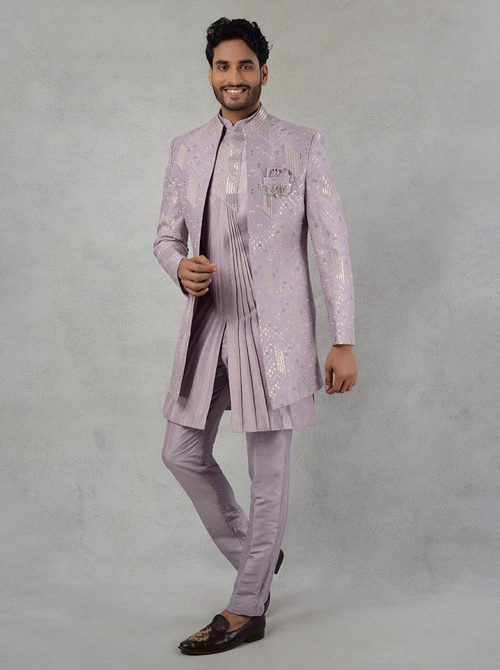 Front open pleated inside jacket lilac indowestern for sangeet